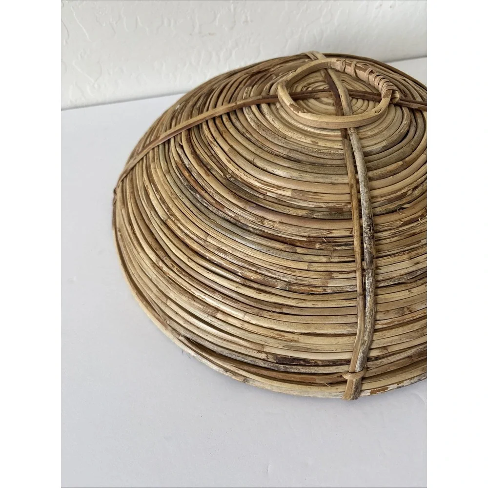 Vintage 60s MCM Pencil Reed Bamboo Rattan Bowl Basket Large